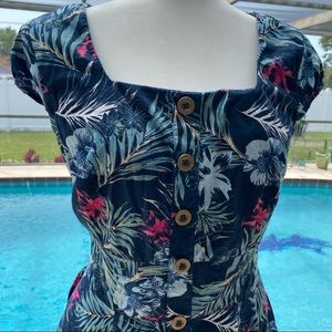 eShakti Custom Floral Navy Blue Retro Dress Tiki